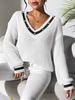 Suéter de manga larga con cuello en V y costuras en contraste para mujer, estilo universitario europeo y americano, informal, con cuentas