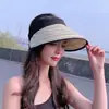 Chapéu com Aba Listrado de Fita para Mulheres Verão Exterior Aba Larga Chapéu com Faixa de Cabeça Dobrável Viagem Portátil Chapéu de Proteção Solar