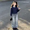 Conjunto de cárdigan a cuadros de bloques de color retro estilo coreano para niña y pantalón vaquero con pajarita para primavera y otoño estilo universitario