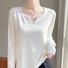 Primavera y Verano 2025 Nueva Ropa de Punto de Algodón con Cuello en V de Manga Larga para Mujer, Suéter Holgado de Color Puro Elegante para Usar Debajo
