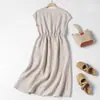 Vestido de Verão Original Rústico de Algodão Cru Linho Manga Curta para Mulheres, Vestido Artístico Retrô Cor Sólida Comprimento Médio