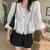 Blusa feminina de alta costura Dongdaemun, coreana, de caimento solto, com babados, renda e retalhos, de manga longa com botões de abotoamento simples