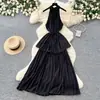 Vestido Vermelho Plissado com Amarração no Pescoço Estilo Desejo Puro Feminino Verão Versão Coreana Cintura Marcada Emagrecedor Saia de Camadas Vestido Longo Estilo Resort
