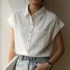 Foto Real da Camisa Branca de Algodão e Linho de Verão 2025 Feminina Sem Mangas Top de Manga Voadora para o Trabalho e Trajeto Camisa Branca