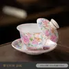 Conjunto de Chá Gaiwan de Três Peças Colorido com Esmalte, Conjunto de Chá Kung Fu de Cerâmica de Alta Qualidade, Tigela de Chá de Porcelana de Jade Puro, Tigela de Servir Chá Estilo Palácio