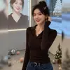 Suéter com gola semiaberta estilo francês para mulheres, nova moda outono e inverno 2025, blusa básica elegante, top de manga longa slim fit