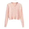 Suéter pullover de tricô com tranças, gola V, estilo europeu e americano para mulheres, outono e inverno, visual de estudante universitária, caimento justo, suéter curto para usar por baixo