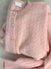 Cardigã de tricô trançado azul claro novo de inverno gola redonda manga longa lã de ovelha blusa base camada suéter vestuário feminino