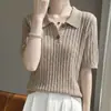 Camiseta de Manga Corta con Cuello Polo Hueco Estilo Old Money Retro para Mujer, Top Transpirable Texturizado de Verano con Cuello Vuelta