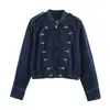 Venta Caliente Comercio Electrónico Transfronterizo Estilo Europeo y Americano Ropa de Mujer Otoño Nueva Moda Manga Larga Cuello Redondo Botón Napoleón Adornado Chaqueta de Mezclilla