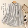 Camisa de algodão e linho vintage de manga comprida com gola Peter Pan, camisa listrada para mulheres, top básico artístico para primavera e outono