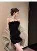 Traje de alta qualidade com retalhos de pele, retrô, alta qualidade, preto, elegante, vestido, sexy, modelador, verão, início do outono