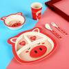 Juego de Vajilla de Cinco Piezas de Fibra de Bambú, Juego de Plato Dividido para Hogar con Dibujos Animados Creativos, Cuencos, Tazas, Cucharas y Tenedores Lindos