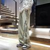 Jeans Cor de Lama Amarela design masculino zíper fenda high street perna larga retro americano lavado desgastado reto calças