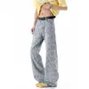 Jeans retro americano amarillo con estrella de cinco puntas en jacquard y dobladillo curvo para hombre, estilo de alta costura, corte recto, adelgazantes, pantalones ligeramente acampanados