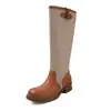 Botas de Equitação Color Block de Couro Bovino de Primeira Camada para Mulheres, Botas Longas de Tecido de Cano Alto, Botas de Cano Alto para Joelho com Salto Médio Robusto e Bico Redondo de Outono, Botas Western Enrugadas
