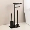 Suporte de chão para papel higiênico em aço inoxidável com bandeja, suporte para escova de vaso sanitário sem furar e prateleira de armazenamento