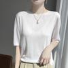 Tejido de Punto Tencel Cuello Redondo Manga Tres Cuartos para Mujer 2025 Verano Nuevo Color Puro Delgado Jersey Camiseta Base