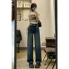 Calça Jeans Grossa com Forro de Fleece Cor Cinza Cimento Feminina Outono e Inverno Versátil Cintura Alta Modeladora Solta Reta Comprida Wide Leg