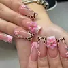 24 Peças de Pontas de Unha Médias Rosa Estilo Francês com Estampa de Leopardo Floral 3D Unhas Postiças Atacado