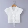 7802-26 Estilo Verão Petite Gola Boneca Patch de Coração Bordado Vazado Cadarço Manga Bufante Camisa de Botão Único