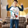 Pijama de algodón puro de manga larga para niños talla grande, para primavera y otoño, cuello redondo, conjunto de ropa de casa estilo caricatura para jóvenes, holgado y moderno