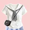 Conjunto Coreano de Dos Piezas para Niña: Top Azul Marino de Manga Corta Estilo Universitario con Cuello Marino y Falda de Encaje en Capas para Verano