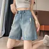 Shorts jeans de cintura alta rasgados para mulheres, estilo fino de verão, novo modelo 2026, corte A, modelador, para baixinhas, comprimento médio, perna larga, hot pants