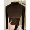 Camiseta Manga Longa Gola Meia-Alta Regular Melanóide Bambu Escovado Algodão Ombro Normal Top Versátil Emagrecedor Gola Integrada Outono