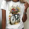 Camiseta Blanca de Manga Corta con Cuello Redondo Estampada para Mujer, Estilo Dulce, Patrón de Paisaje de Flores en Bicicleta, Transfronteriza, Aliexpress