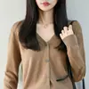 Cárdigan de punto de algodón puro con cuello en V simple para mujer, de manga larga, adecuado para primavera y otoño, versátil, adelgazante, chaqueta suéter abotonada