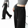 Calça reta de cordão com dois bolsos pretos para mulheres, novo estilo primavera 2026, simples, moderna, versátil, calça esportiva casual de perna larga