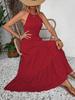 2026Shein Loja Online Independente Comércio Exterior Roupas Femininas Vestido Vermelho Retrô de Gola Halter Verão Vestido Longo Sem Costas de Cintura Alta