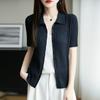 Camiseta de Punto Fina de Manga Corta con Cuello Polo de Lino para Mujer 2025 Nuevo Verano Top Casual de Gama Alta Fino