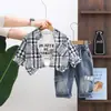 Moda Masculina Primavera Manga Longa Roupa Infantil 2026 Outono Novo Conjunto de Três Peças Camisa Elegante de Manga Longa com Bolinhas e Xadrez para Meninas