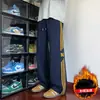 Calças Casuais Listradas Americanas Masculinas Outono Inverno Novo Tamanho Grande Retro Perna Reta Calças de Marca Tendência High Street Comprimento Total