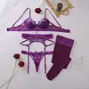 Conjunto de dos piezas de lencería sexy ajustado, de color morado translúcido bordado con adornos de gemas, de moda, superventas transfronterizo europeo y americano