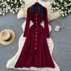 Vestido de Tricô com Gola Color Block Estilo Retrô Francês para Mulheres, Manga Longa, Cintura Marcada, Emagrecedor, Temperamento, Vestido para o Trabalho, Vestido de Lã de Outono
