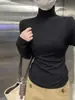 Toma real: Camiseta básica de manga larga de color liso, estilo coreano, cuello semi-alto suave, corte ajustado, para mujer, para otoño e invierno