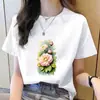 Camiseta Casual Feminina Moda Coreana Gola Redonda Estampa Floral Tendência Ins Manga Curta