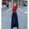 Jeans femininos vintage estilo americano plus size 2026 verão, calça pantalona larga de cintura alta emagrecedora, comprimento até o chão, para mulheres plus size