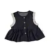 Atuendo otoñal elegante estilo coreano para niñas, chaleco de mezclilla con ribete de encaje para bebé y pantalones, camisa básica versátil