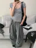 Jeans de Pierna Ancha Doris Vintage Suaves Lavados Decorados con Bolsillos con Cintura Elástica, Corte Holgado, Pantalones de Trabajo Adelgazantes para Mujer