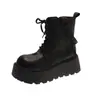 Botas Martin Estilo Británico Negro para Mujer 2026 Otoño Nuevas Versátiles Cremallera Lateral Suela Gruesa Aumentadoras de Altura Con Cordones Botas Cortas de Motocicleta