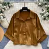Cardigan-camisa laranja estilo coreano para mulheres, de manga comprida, modelagem solta, top liso, estilo curto casual versátil outono 2026