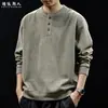 "Fibra de algodão natural" Moletom gola Henley retrô americano, top base de manga longa solto masculino, novo estilo de outono