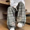 Pantalones Casuales de Cuadros Grises con Tres Rayas para Hombre, Diseño Otoñal con Corte Diagonal de Pierna Ancha, Pantalones Largos Rectos con Caída de Marca de Moda