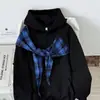 Sudadera con Capucha Patchwork a Cuadros Estilo Retro Americano Universitario con Cordones para Hombre y Mujer, Moda Otoñal de Calle Marca Suelta