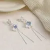 Aretes Largos con Borla en Forma de Abanico de Cristal con Degradado Azul Aretes de Clip de Disco de Bobina de Mosquito Aretes Elegantes Perforados para Mujer