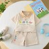 Traje de manga corta a rayas de verano para niños, novedad de verano 2025, conjunto de dos piezas de camisa POLO de dinosaurio para bebé de moda coreana
